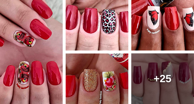 unhas vermelhas curtas decoradas