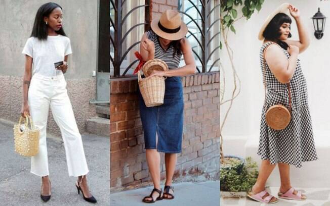 looks com bolsa de palha e linho
