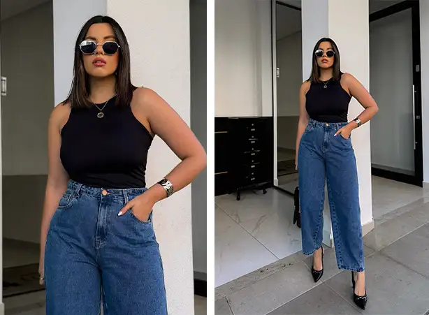 calça jeans preta reta