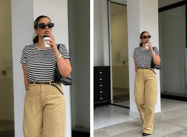 calça pantalona bege