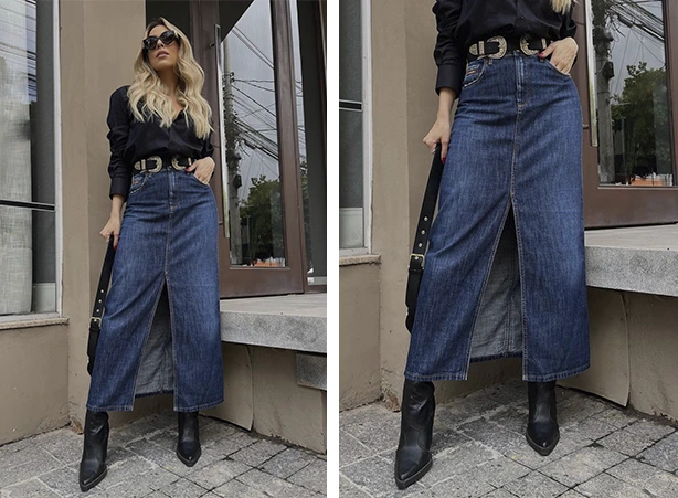 look saia curta bota cano longo