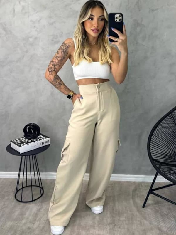 calça cargo alfaiataria bege