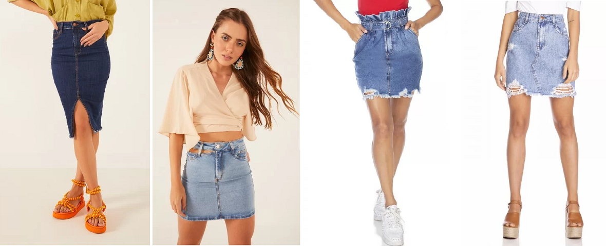saia jeans curta com bota