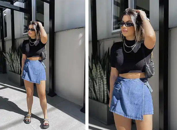 tendências saia jeans curta