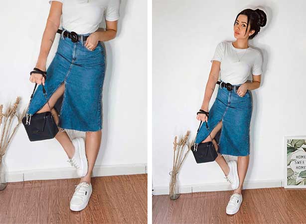 saia jeans com tênis branco