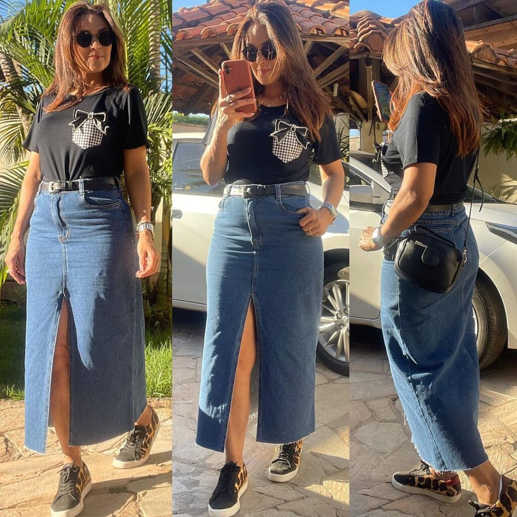 saia jeans e tênis minimalista