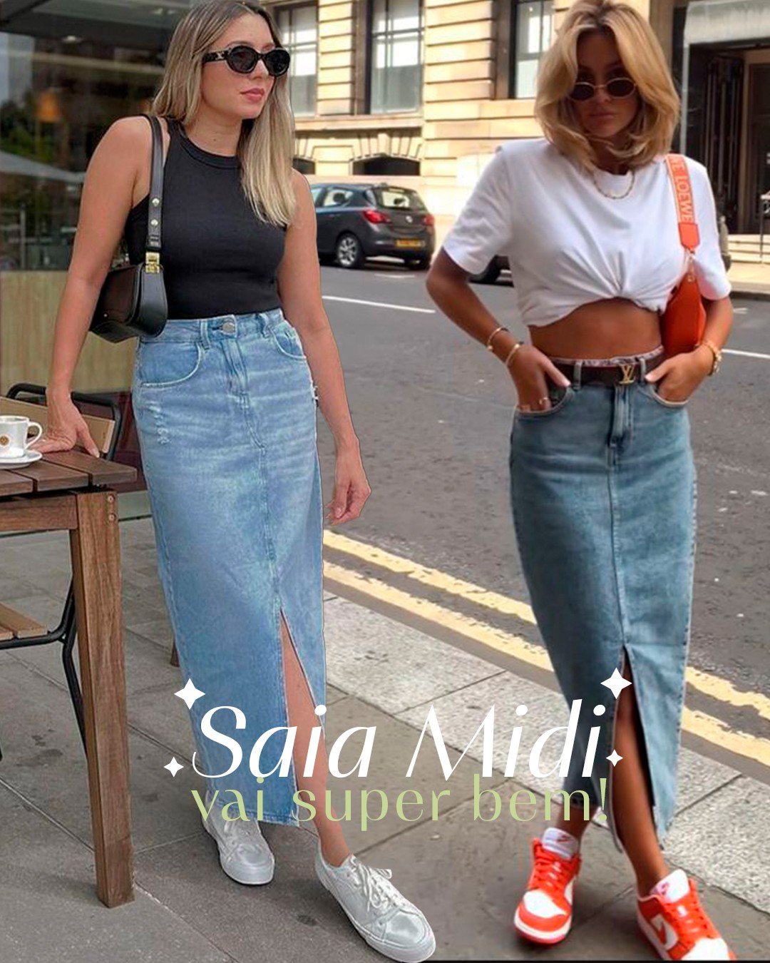 saia jeans com tênis branco