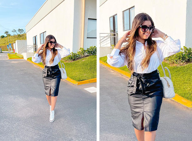 looks com saia preta midi para trabalhar