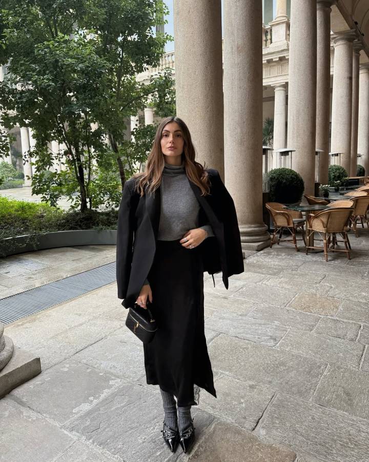 looks com saia preta midi casual