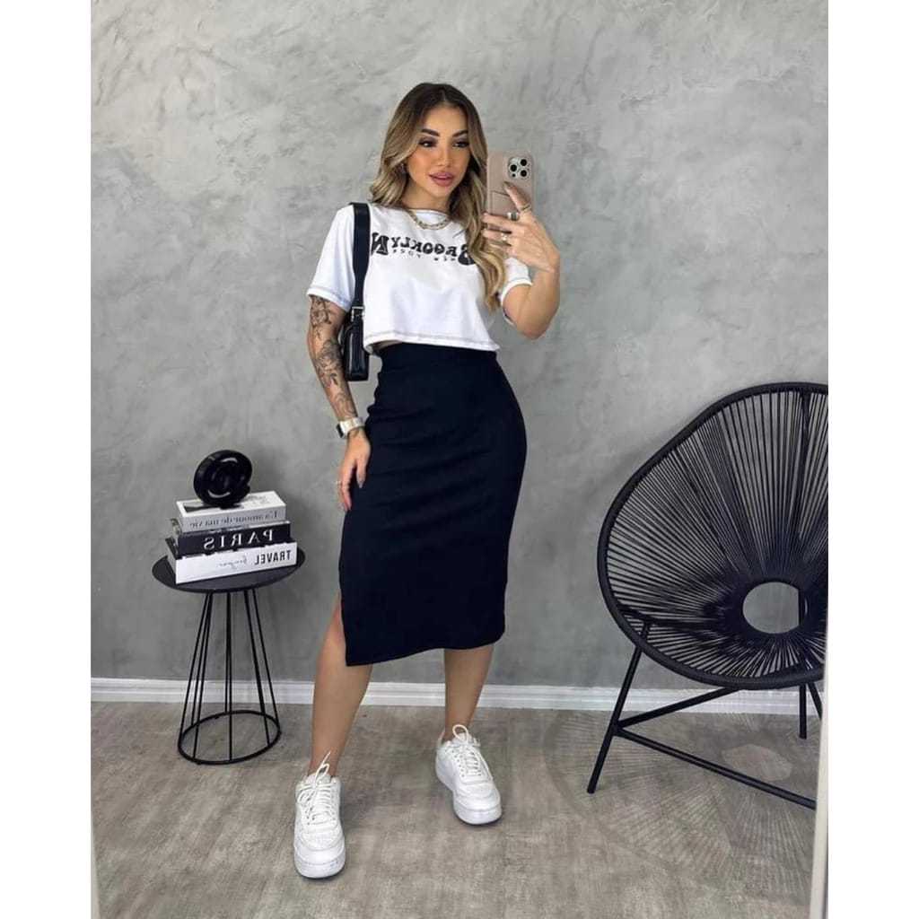 saia midi preta de cetim