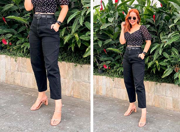 calça preta wide leg look