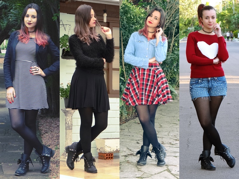 saia com meia calça e coturno