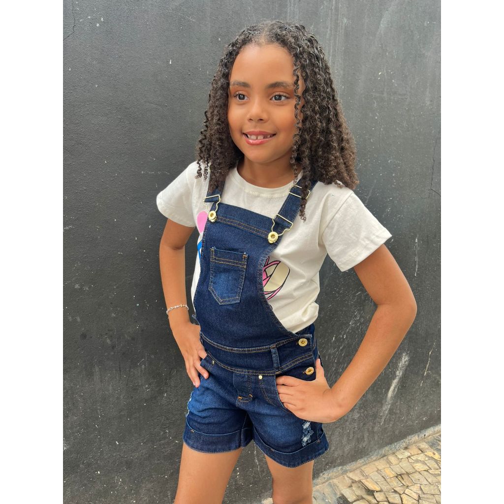 look jardineira jeans infantil menina