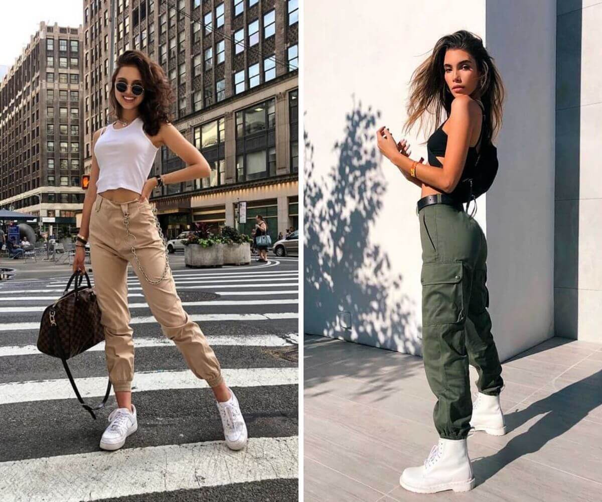 calça cargo com salto