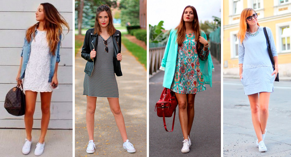vestido midi com tênis
