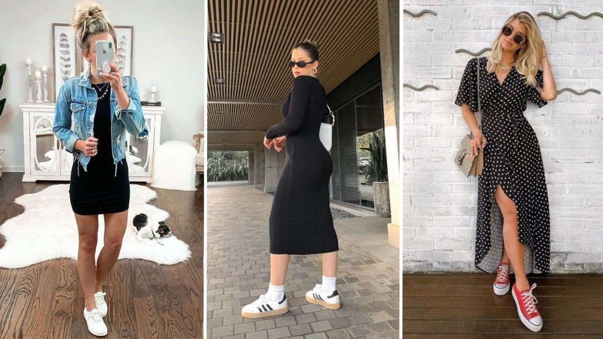 vestido midi com tênis